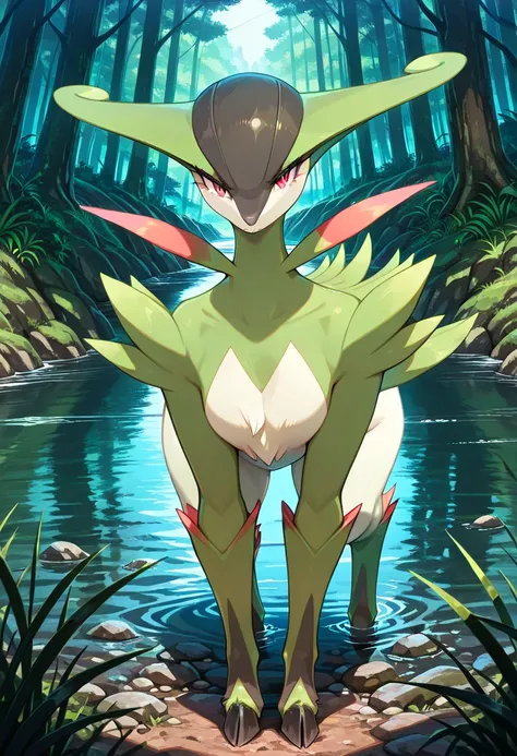 female, woman, furry female, solo, pokemon , virizion, feral, quadruped, all fours, four legs, hooves ,green skin, perfect_face, seductive, thighs, dense vegetation, mystical forest, river, looking at the viewer, masterpiece, best quality, amazing quality,...