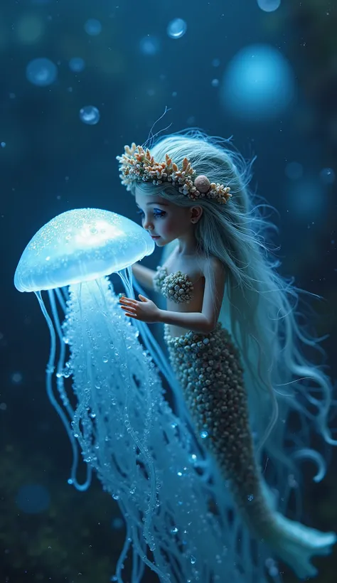 Macro photograph of a miniature mermaid with a crown of bioluminescent coral, her flowing hair adorned with tiny seashells, gently brushing the tentacles of a glowing jellyfish. The jellyfish pulses with soft blue light, casting an otherworldly glow on the...