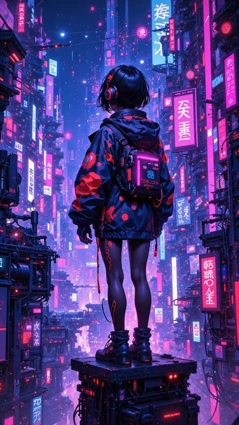 Design a T-Shirt ， An anime character standing on an open-air platform， Overlooking Neon Cyberpunk City 。 The character has beautiful black hair ， is wearing futuristic gear and headphones 。Colorful ， mixed purple 、 Blue and Pink 。