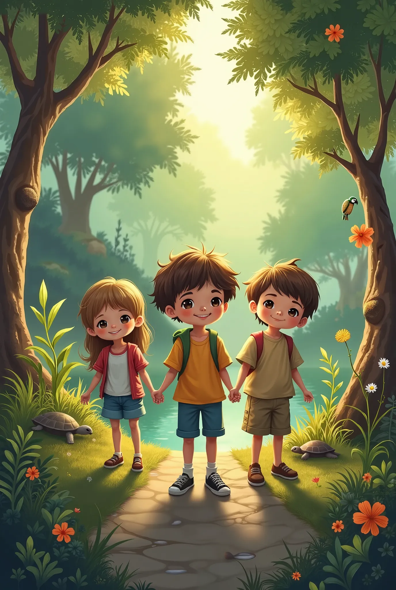  Make a picture that fits in a fairy tale book with 3 ren one a girl the other two boys.  Let there be a bridge under it a wide stream . Let there be an old owl in the picture .  Let the picture be a colorful parrot and there should be a turtle in the pict...