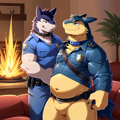 Scribble Typhlosion face,Humanity(Typhlosion),Chubby,( eyebrows:1.1),(Perfect eyes), fur，（artist:Takemoto Arashi），Living room background，（Leather Collar:1.3），paw，（beard:1.3），（Police Uniform:1.3）。