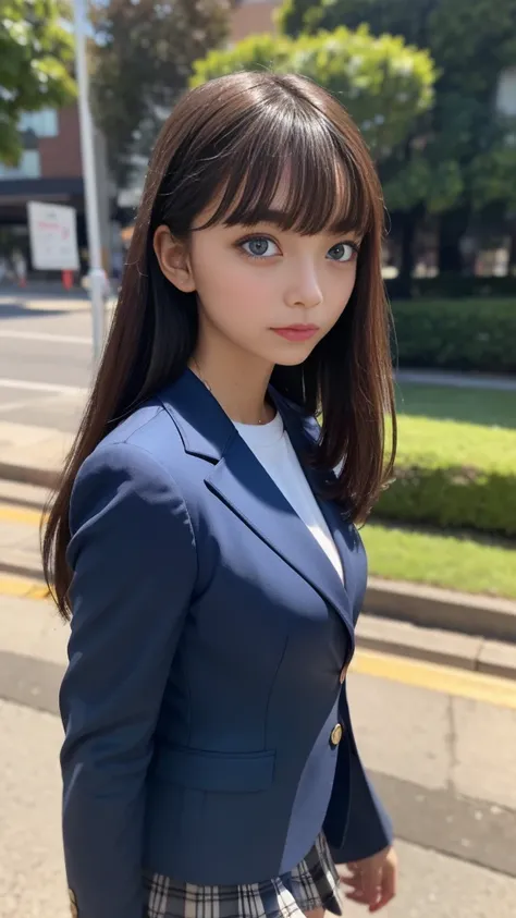 (navy blue check pleated miniskirt、 navy blue blazer)、White shirt、Thin Red Bow 、Medium breast、 Straight Bob Hair 、 Gold、 Natural Wave 、 Random Disheveled Bangs 、 blue eyes、Inviting face、Seductive face、enigmatic face 、 Bright Lights、Bokeh、Angle from the sid...