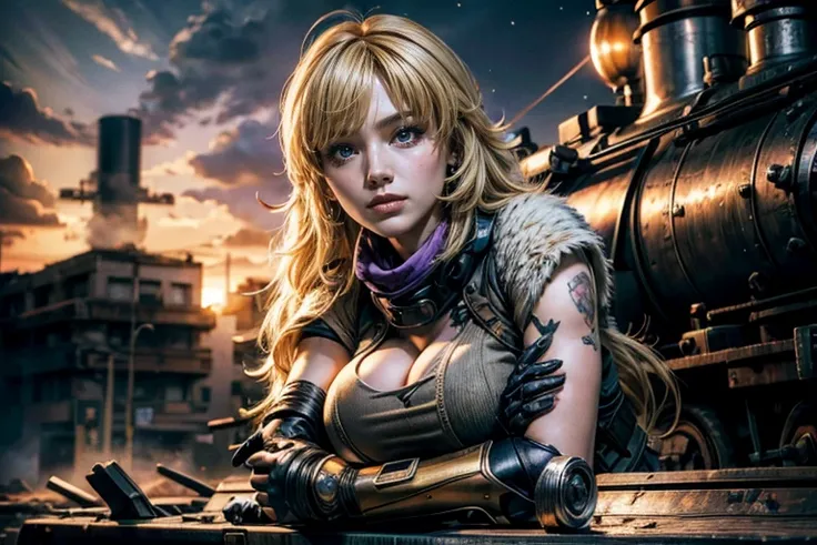 yangxiaolong, yang xiao long, long hair, blonde hair, large breasts, (purple eyes:1.3), ahoge, bangs, BREAK smiling, wearing military combat clothing, sleeveless, mechanical arms, single mechanical arm, prosthesis, prosthetic arm, concerned expression BREA...