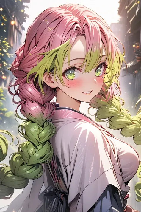 1girl, , shiny skin, HDR,UHD,8K, best quality, masterpiece, Highly detailed, hips, eyes, medium breasts, ,mitsuri kanroji, braid, gradient hair, green eyes, green hair, long hair, mole, mole under eye, multicolored hair, pink hair, twin braids, two-tone ha...