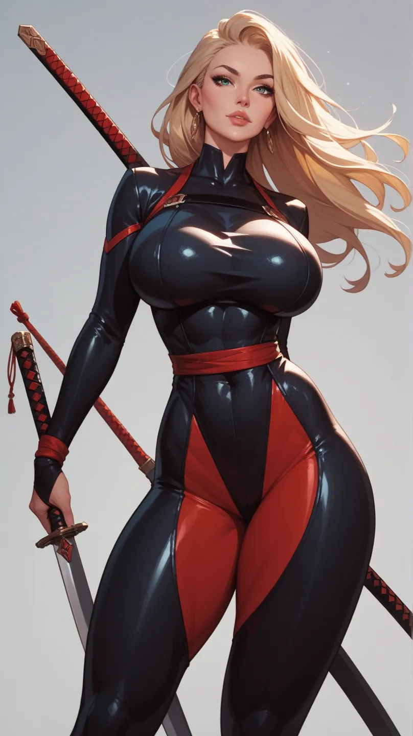 Ultra sexy girl, beautiful, gorgeous, perfect eyes, perfect body, huge breast, thick legs, long blonde hair, in a ninja suit, black suit, with sword, red flat background, standing, solo, 