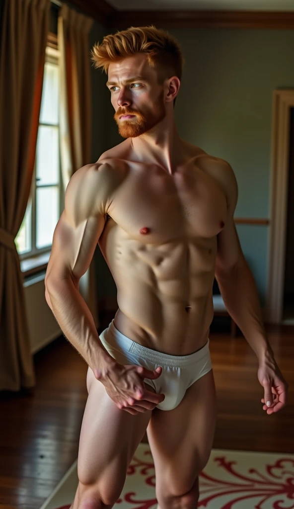  25-year-old male ,  Large pectorals,  beautiful,   beautiful físico,  angel wings, lying in bed,  redhead,   green eyes smile, wet,  Crotch exposing big bust ,  underwear,  fitted boxer, Discover your muscles
