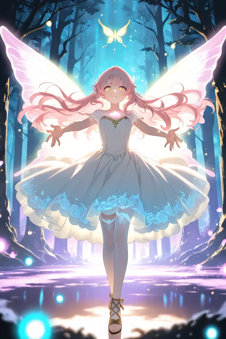 Highly detailed, ultra high quality, character focus, depth of field, glowing magical particles, soft luminescent atmosphere, dreamy and fairytale-like. Pastel-themed colors: pink, violet, turquoise, gold. A whimsical young girl, soft wavy pastel pink hair...