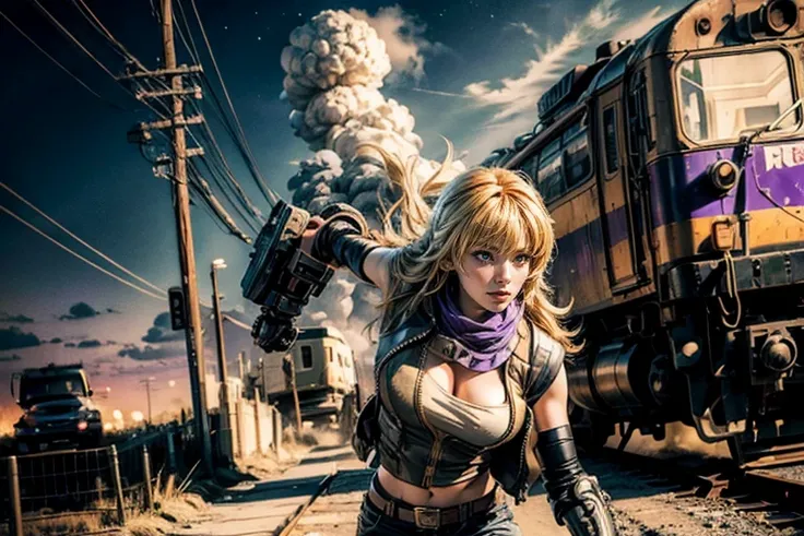 yangxiaolong, yang xiao long, long hair, blonde hair, large breasts, (purple eyes:1.3), ahoge, bangs, BREAK smiling, wearing military combat clothing, sleeveless, mechanical arms, single mechanical arm, prosthesis, prosthetic arm, concerned expression BREA...