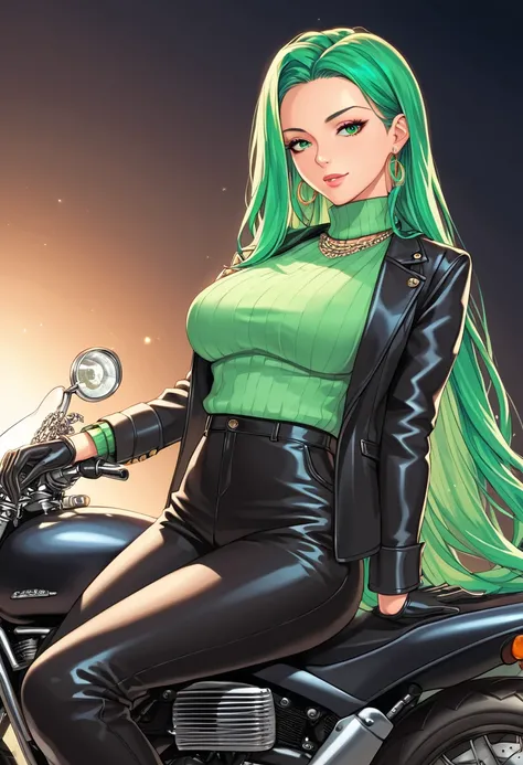  score _9, score _8_arriba, score _7_arriba,  score _6_arriba,    source    _animated, 1mature_FE, Only 1 woman ,   seductive look ,   neon green hair ,   Very long hair,    green eyes ,   black jacket ,  Apollo green sweater  ,  Long sweater  ,   black le...