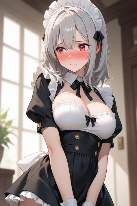 maid,grey hair,shy, embarrassed,sexy, red eyes, medium length hair,grasses