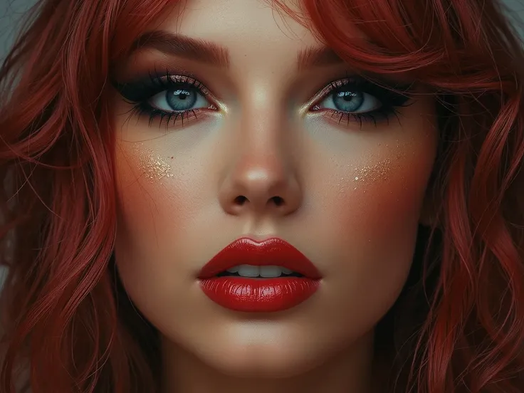 extreme close up portrait of face, elegant red hair, extremely shiny deep red lip gloss, eyeliner flicks, latex