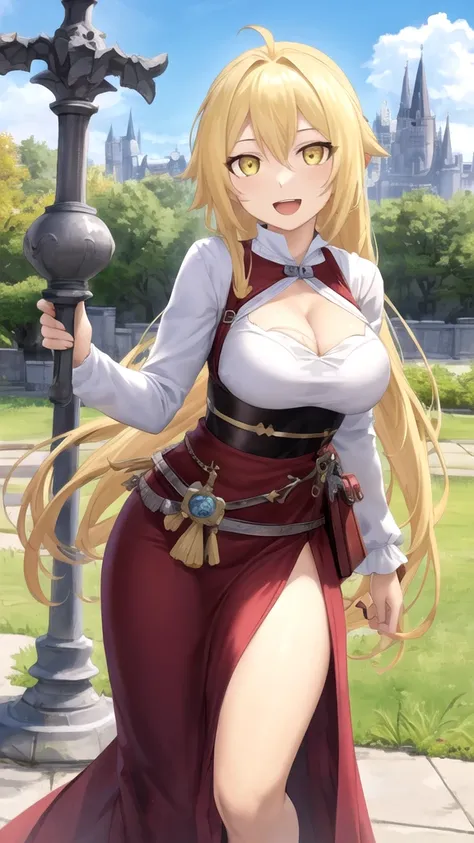 masterpiece, best quality, girl, solo, looking at viewer, edward_elric, blonde hair, yellow eyes, large breasts, Genshin Impact cosplay, princess Dress, standing, smile, open mouth, outdoors 