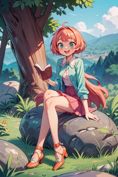 (masterpiece, best quality), girl sit on rock, outdoor, intricate detail, hills landscape, sunlight, aqua blue blouse, pink short  skirt, long orange hair, aquamarine eyes, smiley and sexy expression, sexy pose, coquette, gorgeous legs, mature body, beauti...