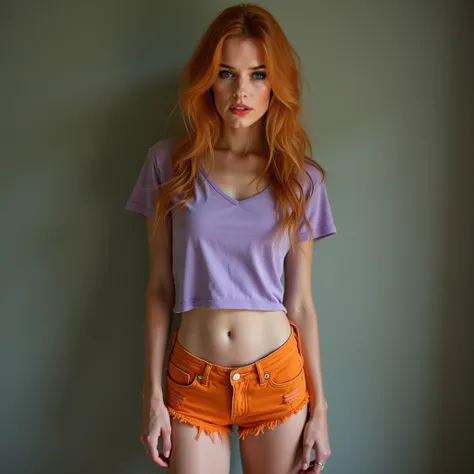 Realistic full body shot photography. of a sexy gorgeous blonde woman with long, wavy red hair, fair skin, and green eyes, looking directly at the viewer, wearing a short light purple t-shirt and orange old cheeky denim shorts. Complex composition. Dynamic...