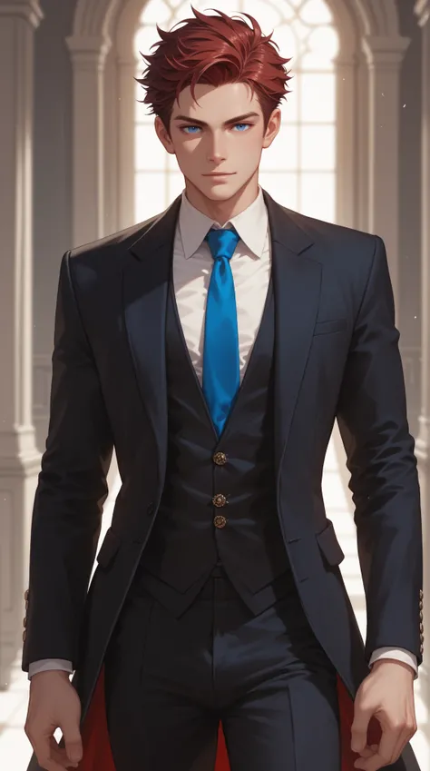 Alone,  white man,  Dark red hair ,  dark blue eyes , quiff ,  black elegant suit,  blue tie, Cartoon