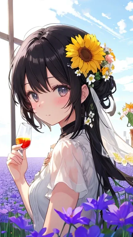     black hair, Glass, Flower field in full bloom