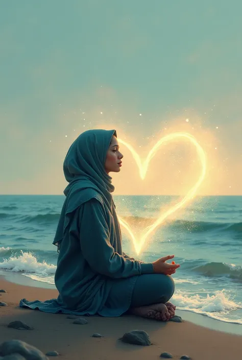 A girl in hijab sitting on ocean write Feel This Music in heart shape 