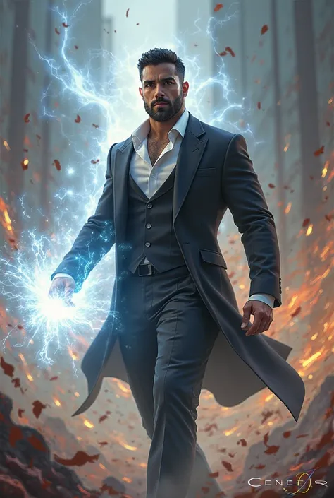 Tall and strong handsome Latino man with short hair and short beard wearing a black suit using white light magic to fight