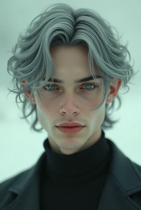 attractive 20-year-old boy with gray hair, and striking green eyes