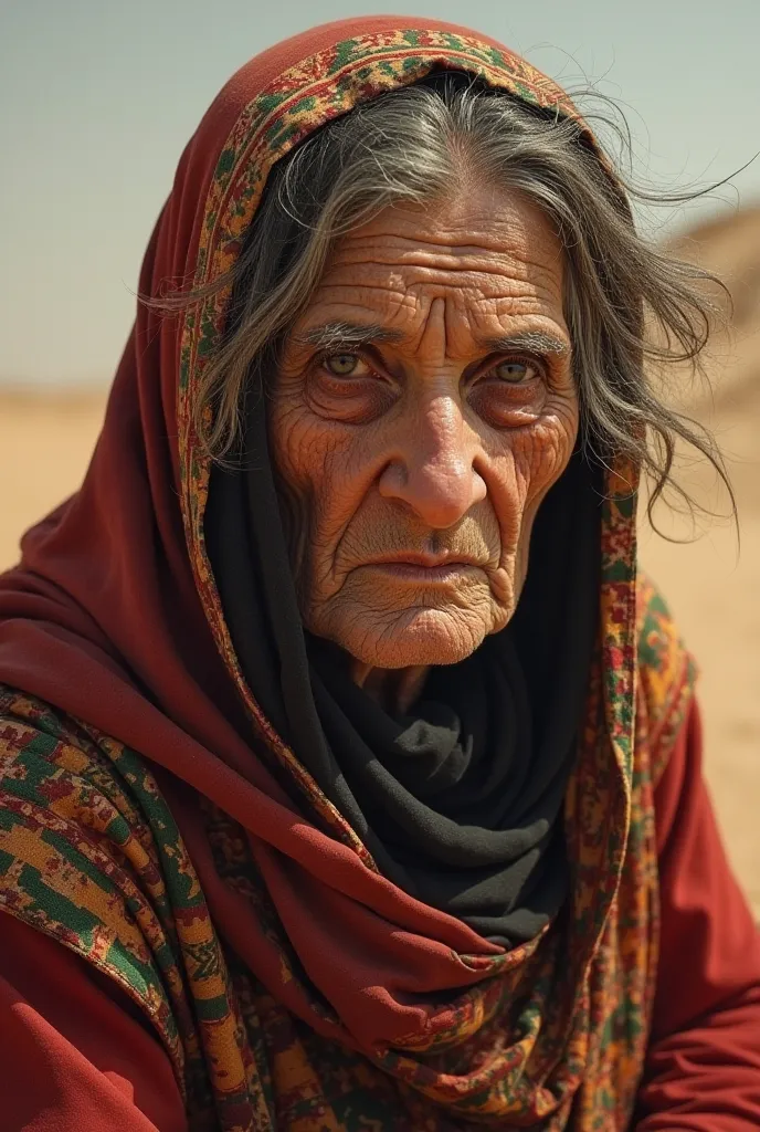 An old ugly woman waring traditional Libyan custom and she looks scary 