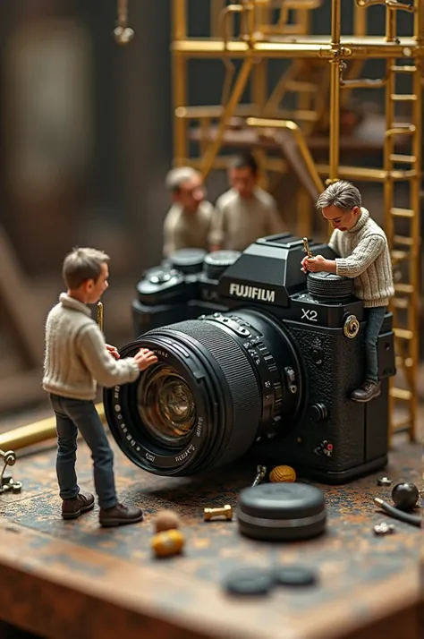  Fujifilm X-T2 ,  DETAILED TEXTURE ,  carefully crafted with screws and details .  Tiny craftsmen with expressive faces and realistic arms ,  control dial dressed in sweaters neutral tones and dark pants ,  are working on the camera body .  Some tighten th...