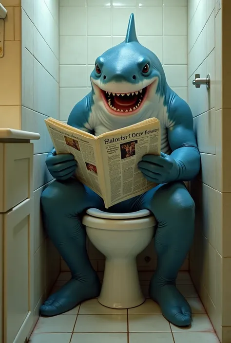 A shark with human legs and he's sitting on the toilet reading the newspaper

