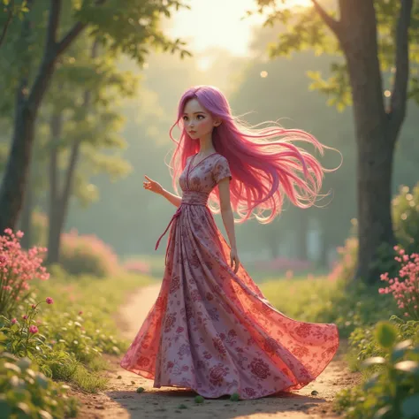 A women with pink lavender hair using batik longdress in the park. 3D Animation