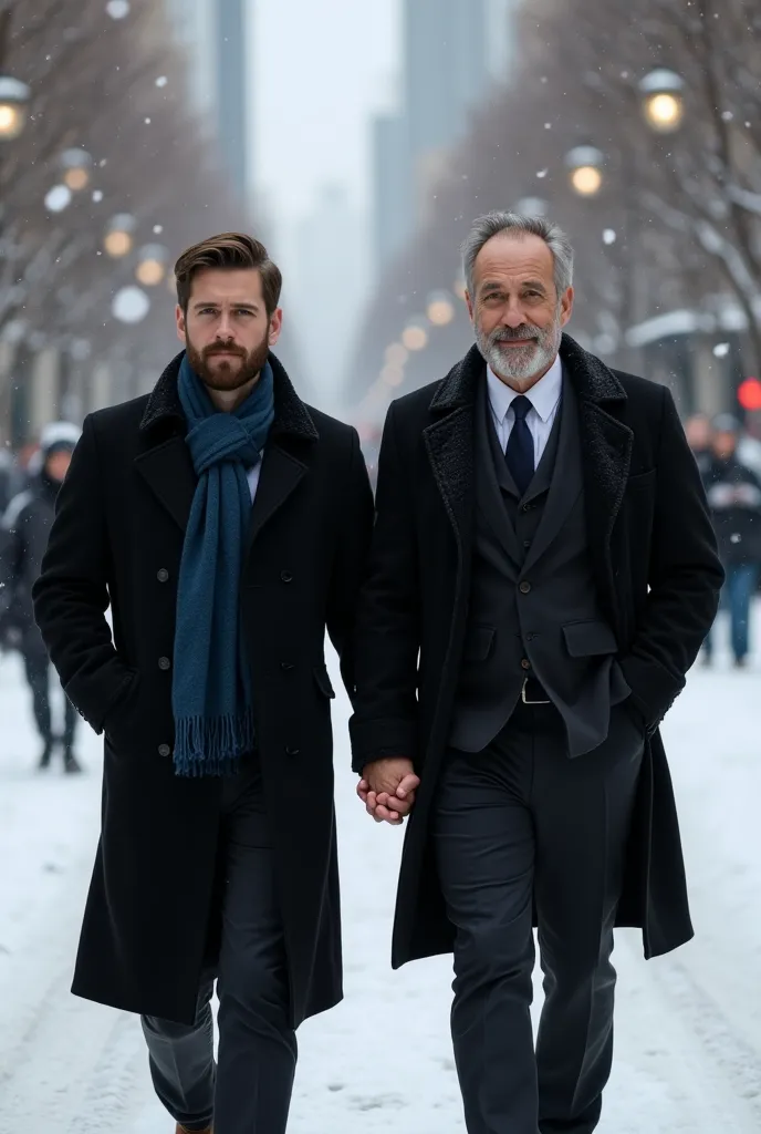 Tall and strong handsome man with brown hair with short beard dressed in a black coat with a blue ascott scarf tied around his neck underneath and a suit underneath walking through snowy streets holding hands with handsome gray-haired mature man with short...