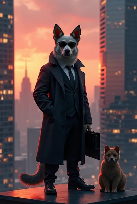 In the heart of a bustling modern city, a dog detective, clad in a sleek black suit and wearing stylish sunglasses, stands on the rooftop of a towering skyscraper. He holds a case file in his paw, and beside him is a small assistant, possibly another anima...