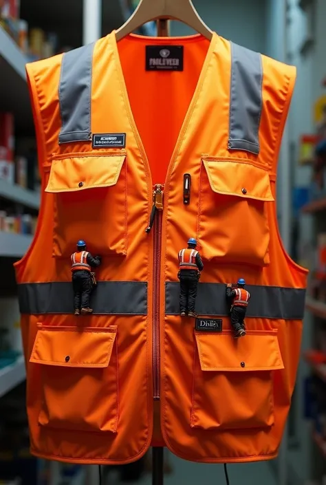 An orange vest with a few pockets and black strips and also reflective tape on the vest & the vest is hanged on a stand... & a few tiny worker are on the vest.... looking like they are working (sewing) the vest or measuring the size of the vest...