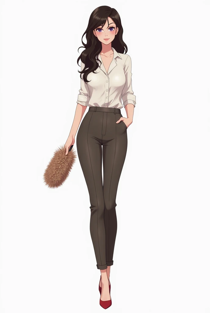 The model is an anime about an American woman who is cleaning,  loose dark hair, The florist, She's thin and pretty, Are you wearing high heels, She is over 30 years old and is wearing pants with duster in her hands and the background of the image is white