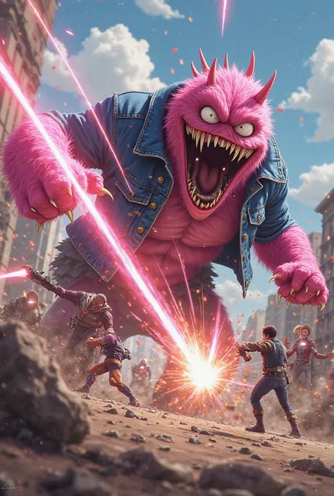 "A fierce battle between a pink monster with a denim jacket and a group of powerful anime heroes, taking place in an explosive, high-speed fight within 5 seconds. The monster's claws swipe through the air as energy blasts collide, creating a dynamic and in...