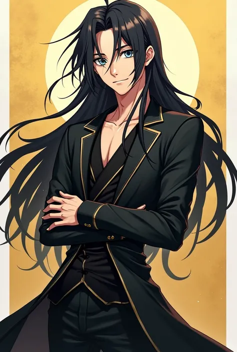 Single，anime boy，Handsome guy with long black hair and dark eyes ， posing for photos ,  Demon Slayer style,, Male anime characters,  high quality anime art style, , Like fateanimestyle /stay night,  young woman , In anime style，Single, pretty boy, Full bod...