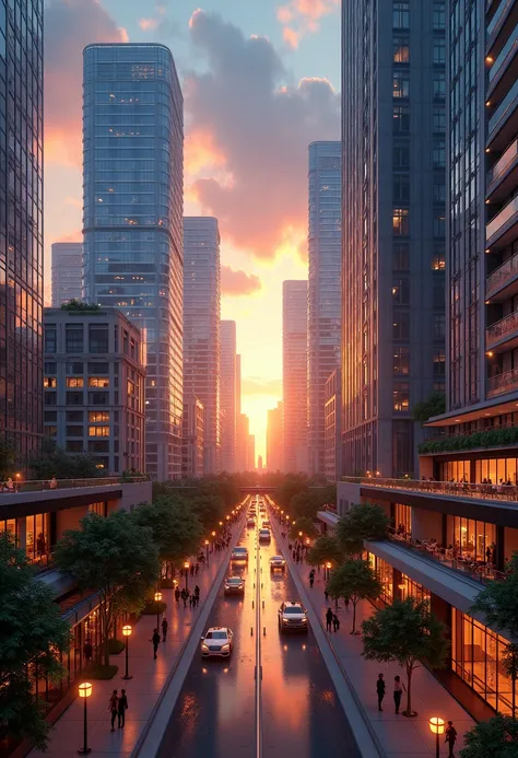 "A hyper-realistic, high-resolution digital image of a vibrant modern city skyline at dusk. Towering glass skyscrapers with reflective surfaces stretch into the sky, their sleek, geometric designs illuminated by the golden glow of the setting sun. The stre...