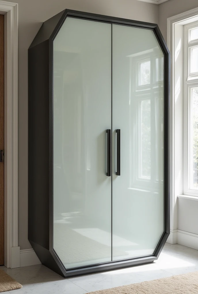 Closet in the form of a coffin with two white glass doors and storage for shoes 