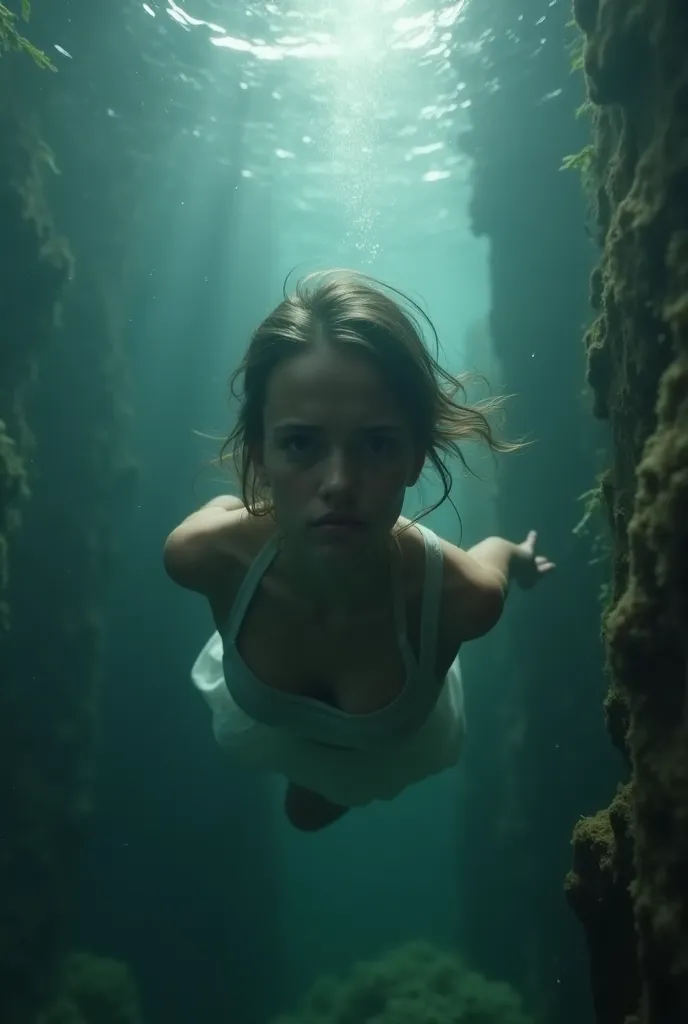 Realistic video of a girl stuck under water she she is trapped by some force. She realizes she can breath and then rifts her head above the water and swims towards the camera