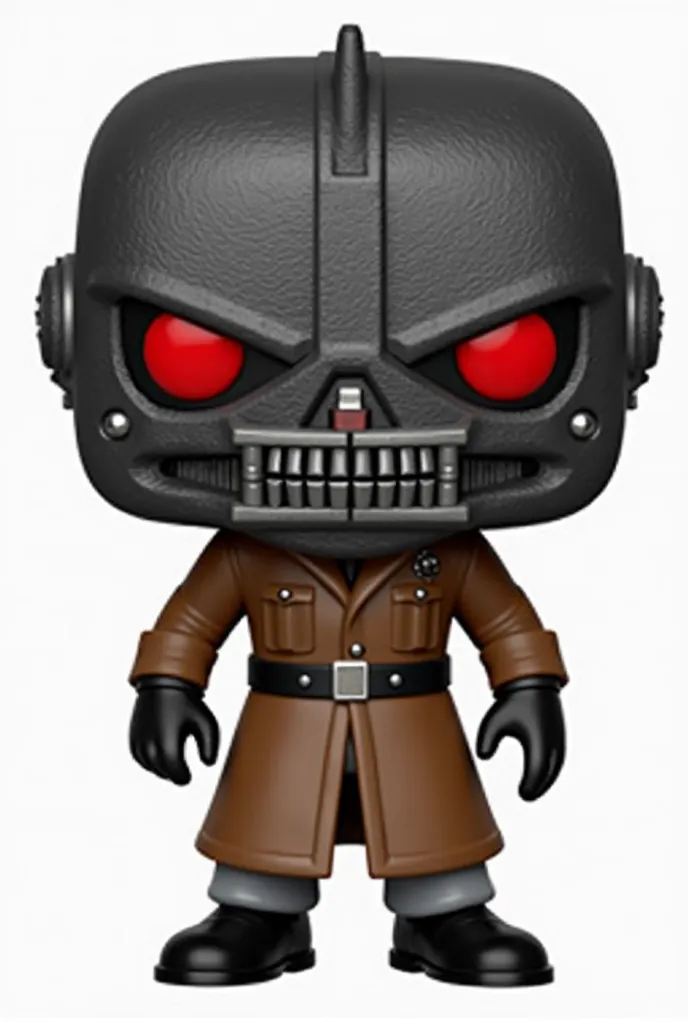 A short description of the Funko Pop figure based on the image :

 model features a large head in the form of a black metal helmet with a rough texture, with eyes Two glowing red rectangles and a mechanical jaw with prominent metal teeth. . A long metal bu...