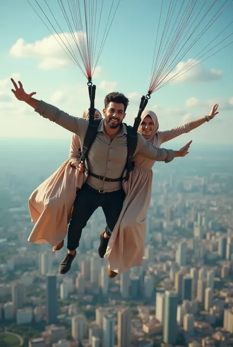 make a picture of a handsome man, using a flying parachute,with beautiful women wearing modern muslim party dresses wearing hijab,flying above the surface of a beautiful city, in a pose with one hand clenched forward,  is the horizontal position of the bod...