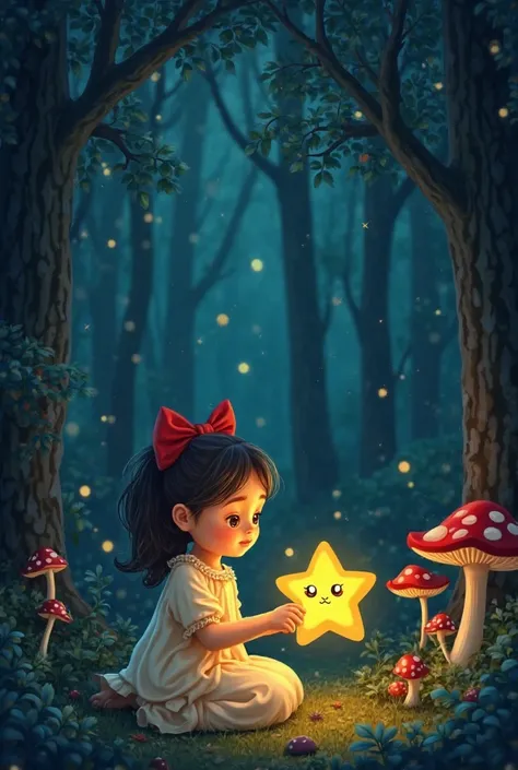 A magical forest at night, with glowing mushrooms and fireflies. A  in a nightgown and red bow kneels on the forest floor, holding a flashlight. In her hands is a small, glowing star with a tiny, cute face, blinking in confusion. The star emits a soft gold...