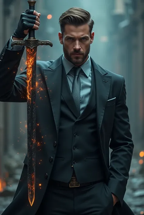 Handsome tall and strong white man with short brown hair with short beard wearing a black suit with a light blue shirt and silver tie bewitching a sword with black fire magic in combat posture