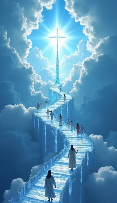 " A crystal staircase that reflects and refracts light in shades of blue icy ,  ascending between cloud formations that look like heavenly cathedrals . At the top,  a circular platform where Jesus welcomes each soul with an embrace ,  under a cross of ligh...