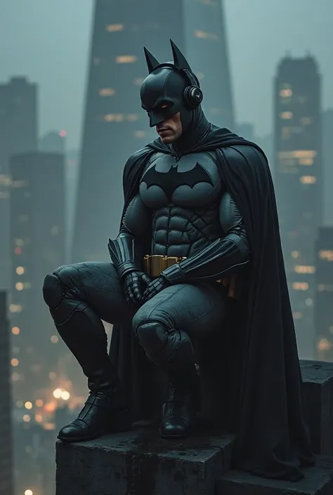 Batman listing to music with headphones on top of a tower