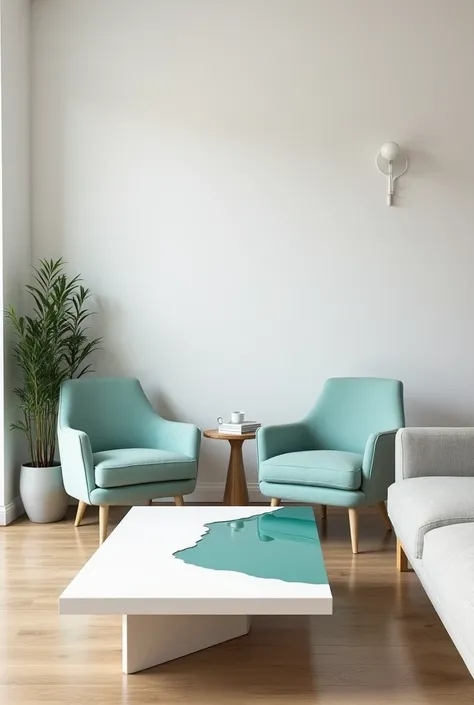  I want an image of a living room with mostly white furniture , with a white coffee table with teal epoxy .  Two light blue green armchairs and a neutral grayish beige sofa.  The walls must have white paint and the floor must be made of light wood .