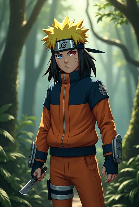 "A fusion of Naruto Uzumaki and a Predator warrior, set in a dense jungle with sunlight filtering through the trees. Naruto wears his signature orange jumpsuit, but with Predator’s armor and wrist blades. His eyes glow with Kyubi energy, and his forehead p...