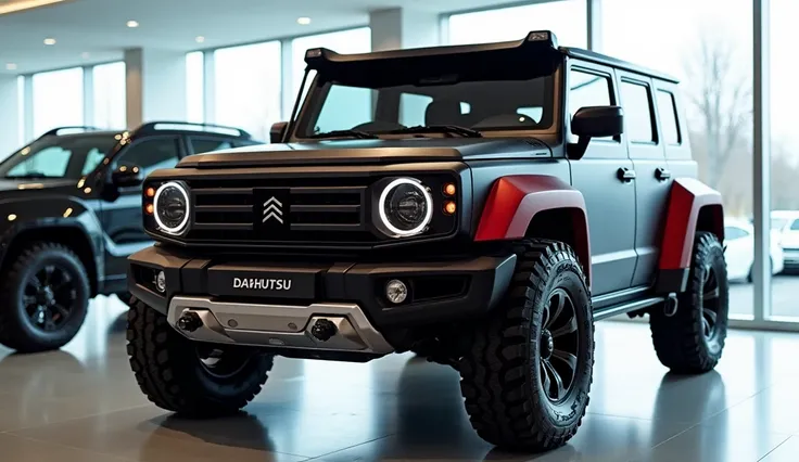 "A modern jeep style off-road SUV concept with a rugged and boxy design, featuring round LED headlights and a bold the straight front view, and grille with the 'Daihatsu' logo. The vehicle has a matte black body with red accents on the fenders and hood. La...