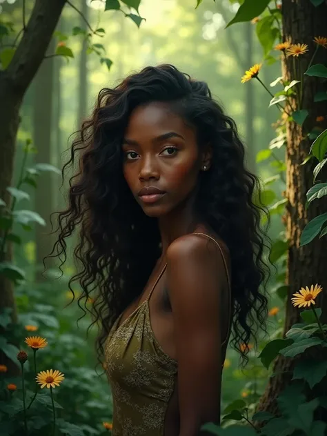 An image of a black lady with long hair in a green forest 