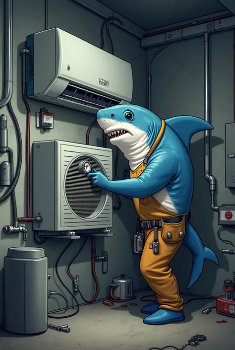 It illustrates a shark working with a pressure gauge in a mini split 