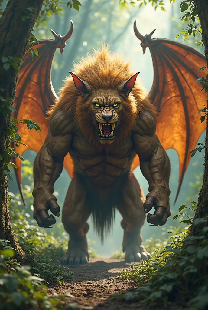 Create a 9:16 photorealistic image of an angry giant hybrid creature combining the elements of a bat and a lion in a florest