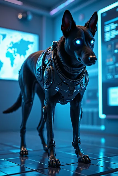 In a futuristic high-tech laboratory, a cybernetically enhanced dog detective stands with parts of its body made of metal and glowing components, its eyes emitting a blue glow. Surrounding it are holographic projection screens and floating streams of virtu...