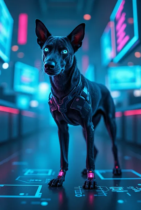 In a futuristic high-tech laboratory, a cybernetically enhanced dog detective stands with parts of its body made of metal and glowing components, its eyes emitting a blue glow. Surrounding it are holographic projection screens and floating streams of virtu...